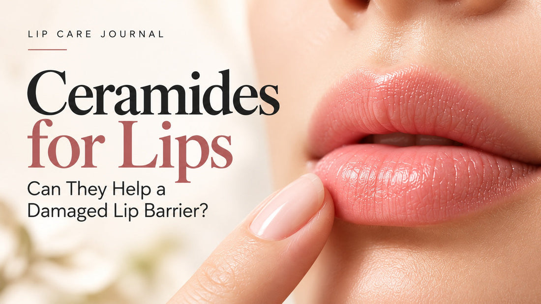 Close-up of soft, natural-looking lips with a fingertip resting on the lower lip, beside the headline Ceramides for Lips