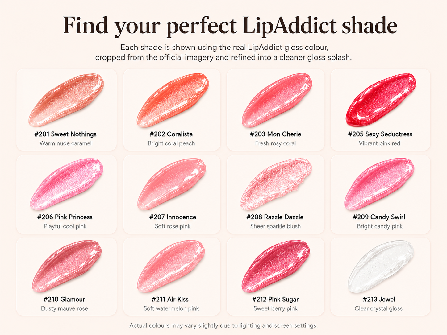 Find your perfect LipAddict shade guide showing all 12 shades and descriptions