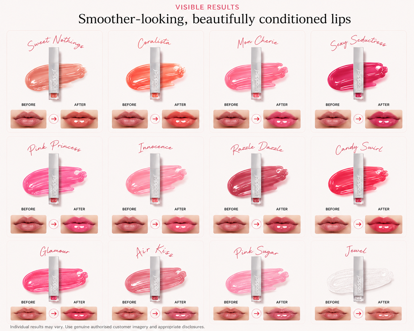 LipAddict shade guide featuring Sweet Nothings, Coralista, Mon Cherie, Sexy Seductress, Pink Princess, Innocence, Razzle Dazzle, Candy Swirl, Glamour, Air Kiss, Pink Sugar and clear Jewel
