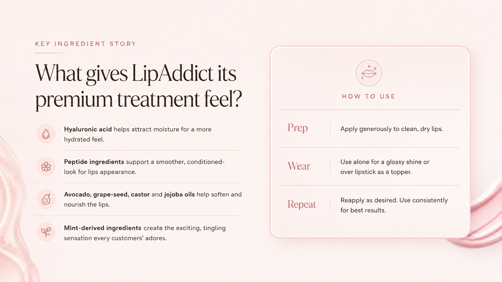 LipAddict key ingredient story and how-to-use guide in a soft blush premium beauty layout
