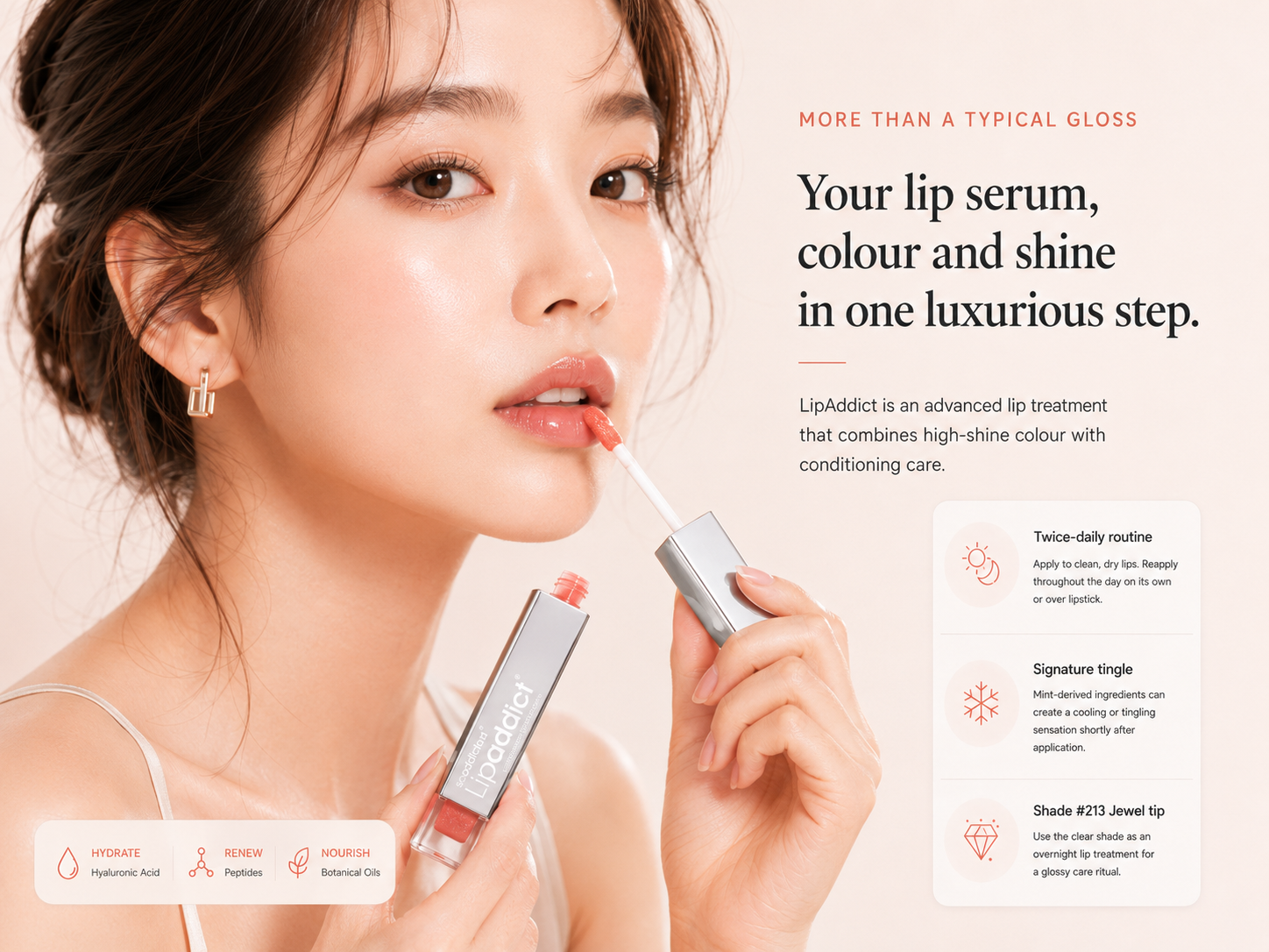 LipAddict lip serum, colour and shine campaign with model applying gloss