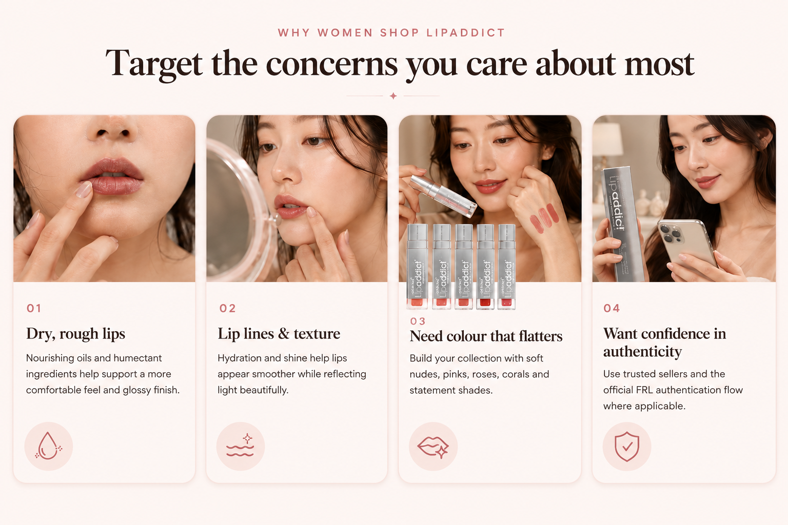 Why women shop LipAddict mockup showing four key shopper pain points with supporting lifestyle visuals, LipAddict bottle lineup, and product box authenticity image